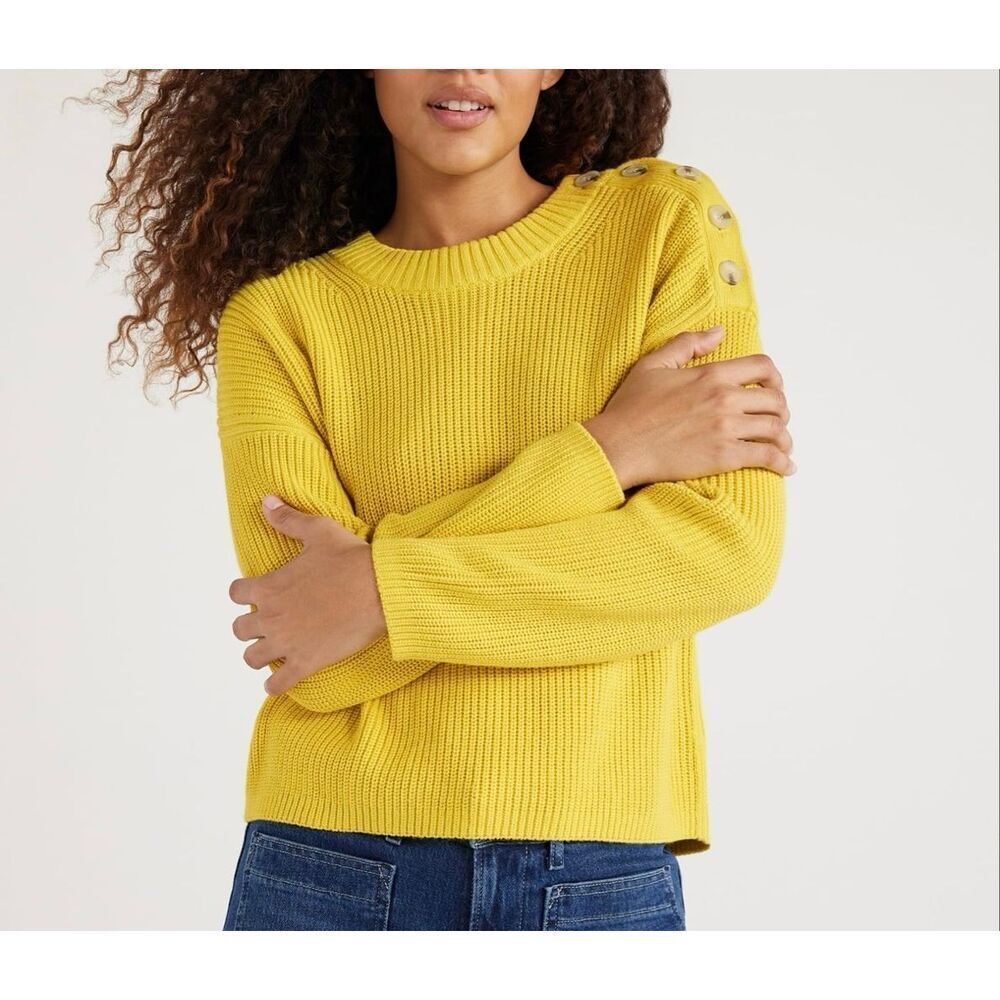Free Assembly cotton shaker knit yellow button shoulder sweater XS